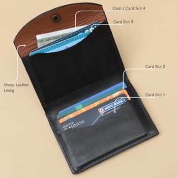 Black leather wallet with card slots and sheep leather lining on a beige background