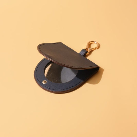 Hanging Vanity Mirror Case-Deep Blue leather-gold plated metal hook-polished glass mirror-front open view-The Bicyclist