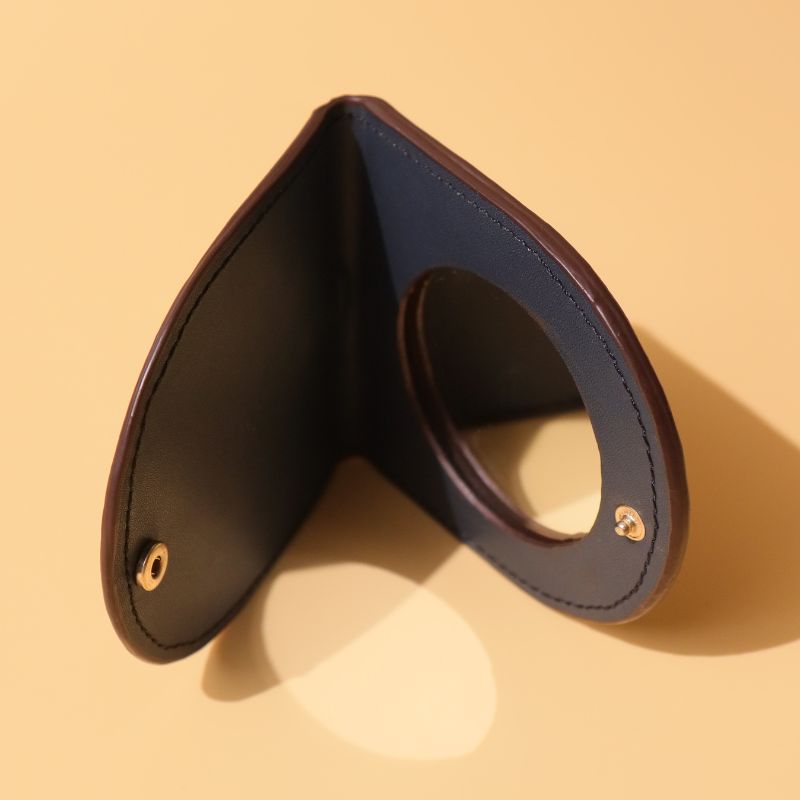 Hanging Vanity Mirror Case-Deep Blue leather-gold plated metal hook-polished glass mirror-side open view-The Bicyclist