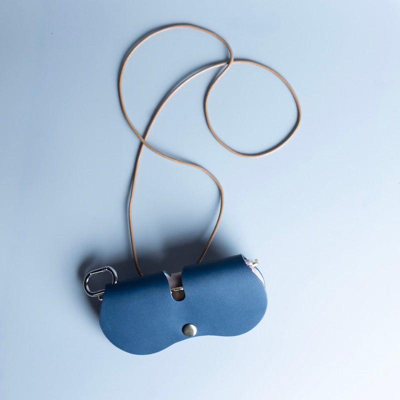 Navy Blue Leather Eyeglass Case & Sunglasses Cover Pouch with Neck Strap and Bag Clip