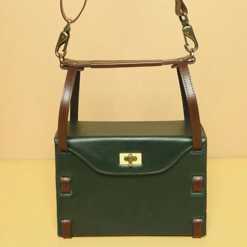 Dark Green Leather Crossbody Shoulder Handbag Bicyclist Handmade Leather Goods