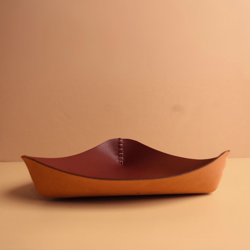 Handmade Leather Tray-Maroon-side angle view-The Bicyclist