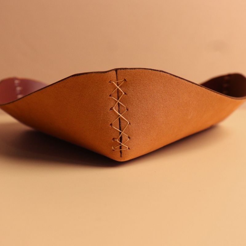Handmade Leather Tray-Maroon-side hand stitch detail-The Bicyclist