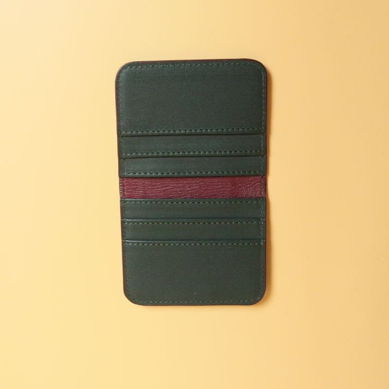Handmade Leather unisex bifold card wallet-dark green-full grain leather body-purple sheep leather lining-open pockets view-The Bicyclist