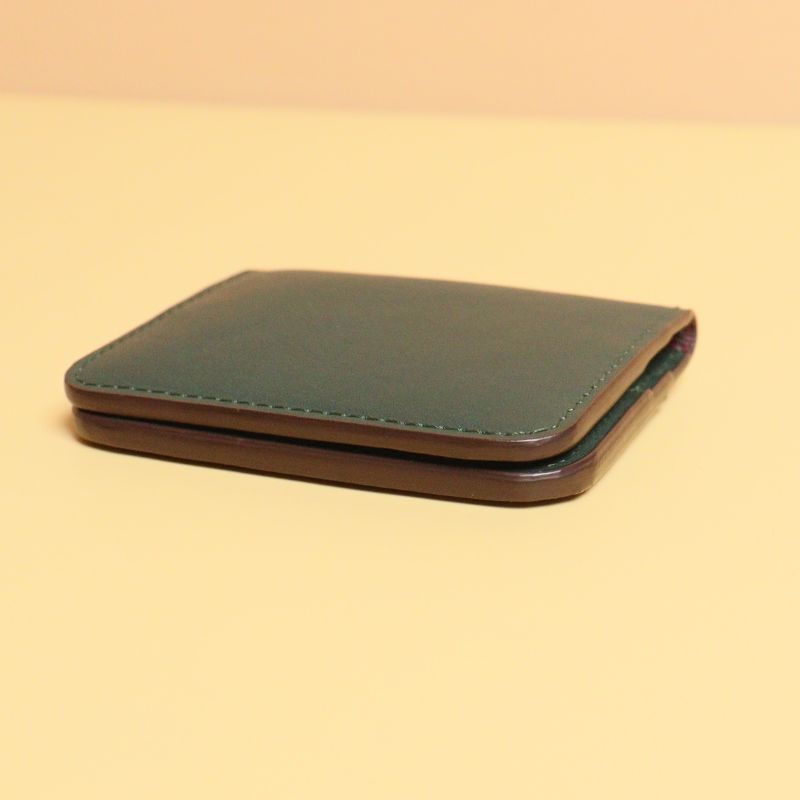Handmade Leather unisex bifold card wallet-Dark Green-full grain leather body-purple sheep leather lining-detail view-The Bicyclist