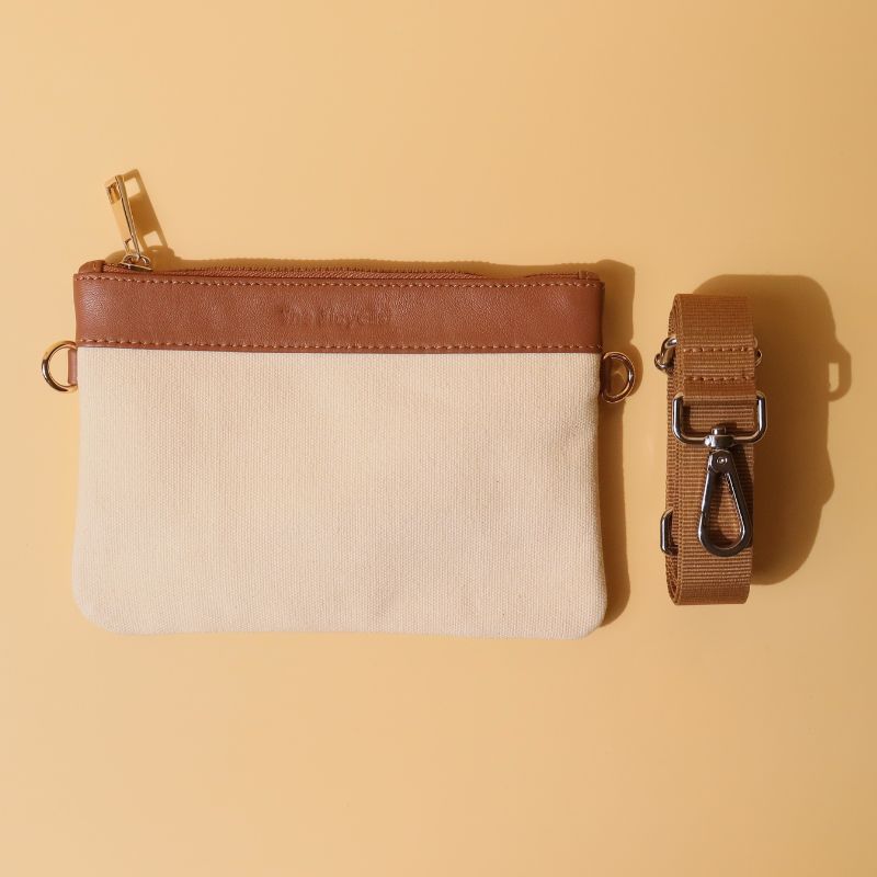 Canvas and Leather Compact Pouch Sling Bag-Off White Canvas and tan leather-gold plated metal hook-front top view-The Bicyclist