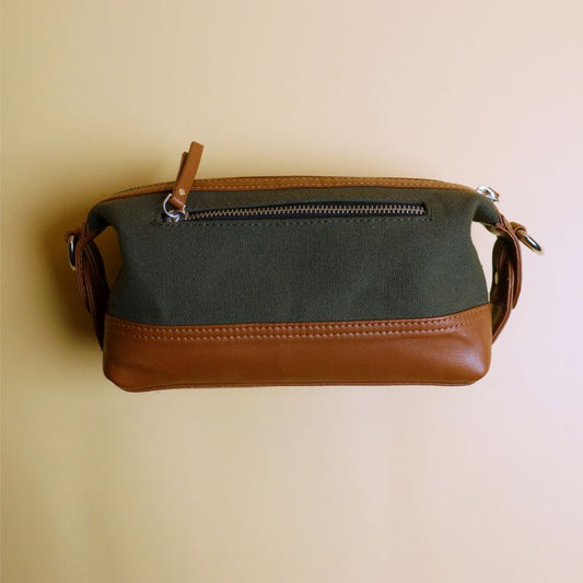 Canvas and Leather Dopp Kit Pouch Sling Bag-Dark Green Canvas body and tan leather trims-gold plated metal hook and zipper-front-The Bicyclist