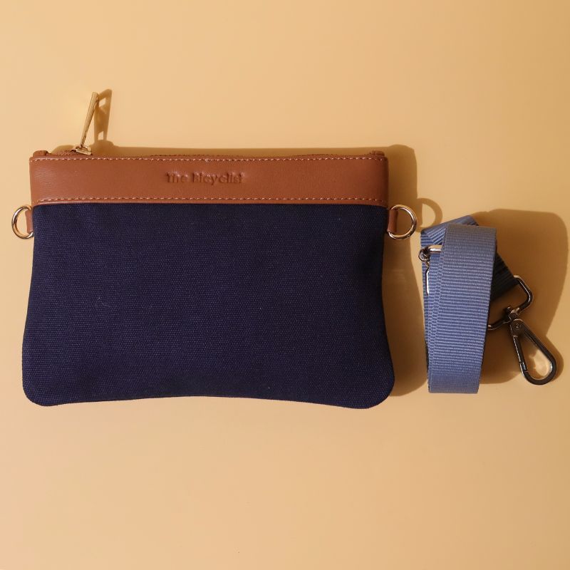 Canvas and Leather Compact Pouch Sling Bag-Deep Blue Canvas and tan leather-gold plated metal hook-front top-The Bicyclist