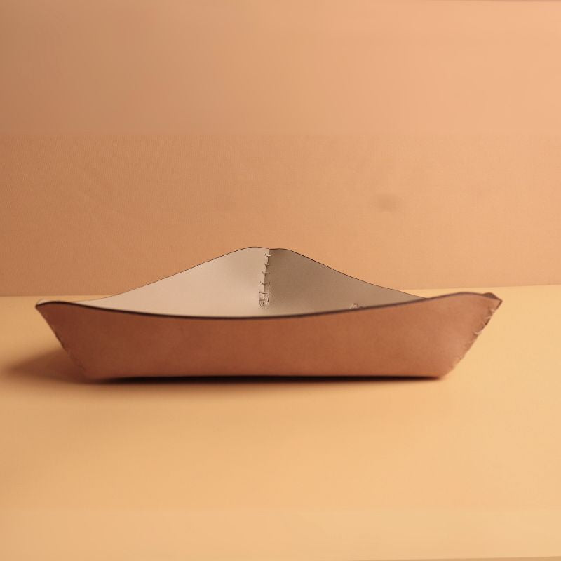 Triangular Off White Leather Valet Tray Desk Organizer with White Stitches for Office Desk and Home Tables side view