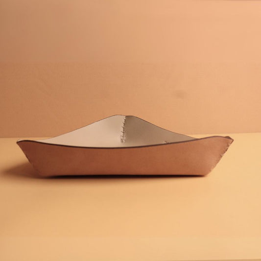 Triangular Off White Leather Valet Tray Desk Organizer with White Stitches for Office Desk and Home Tables side view