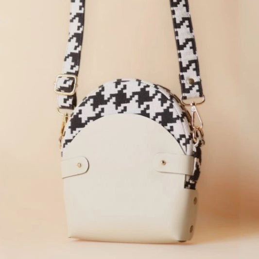 Canvas Crossbody Sling bag with black and white houndstooth weave in a off-white leather case