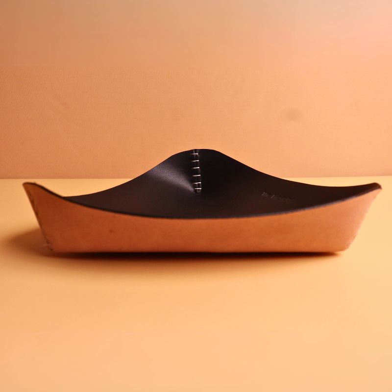 Triangular Black Leather Valet Tray with White Stitches for Office Desk and Bar Tables side view