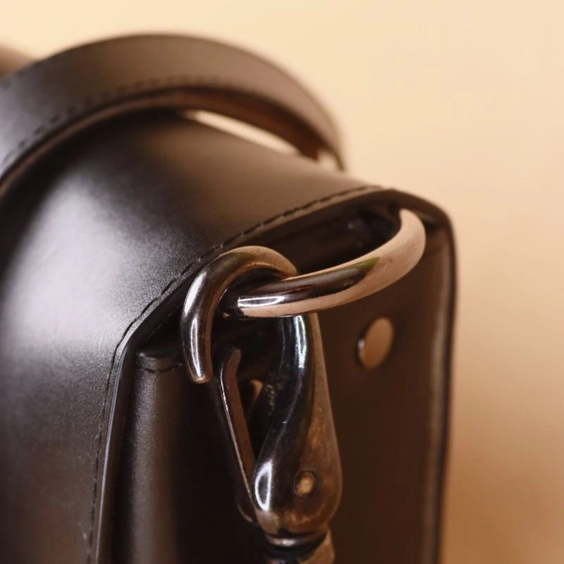 Detail view of Fittings used in Black Leather Crossbody Sling Bag with Flap