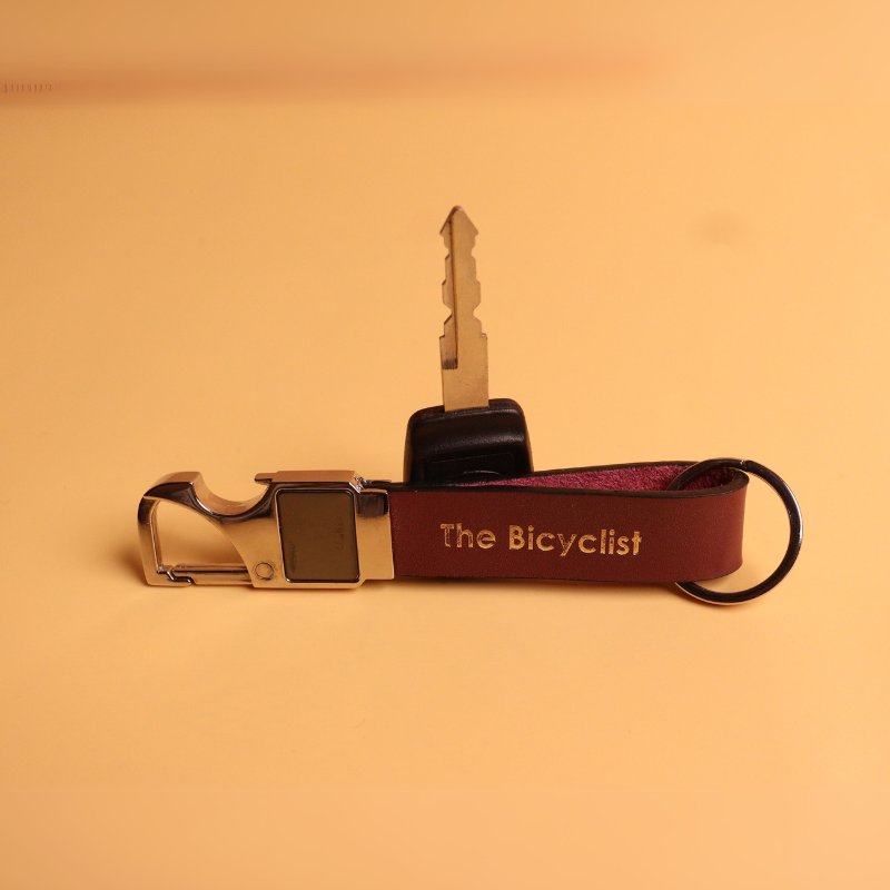Deep Red Leather Loop Keychain with a Metal spring Hook in electroplated chrome finish front standing