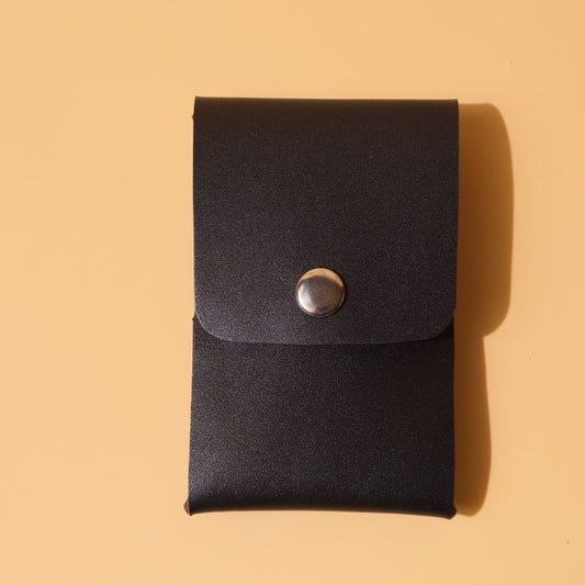 Compact Card Holder-Black Full grain Bovine leather-gold metal snap button-front view-The Bicyclist