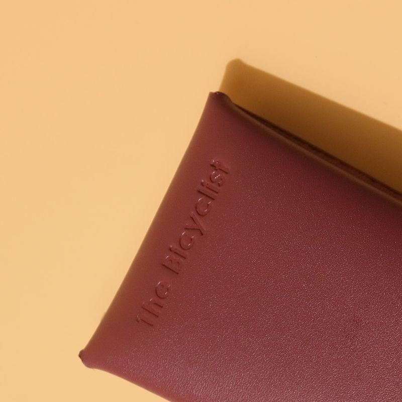 Small Compact Card Holder - Maroon Full grain Bovine leather - gold metal snap button - back detail view - The Bicyclist