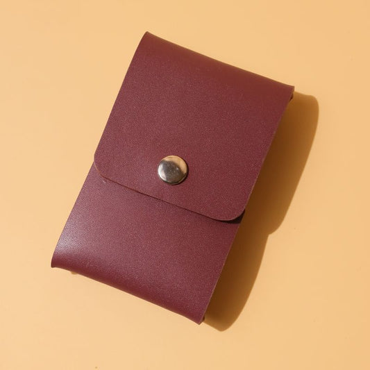 Small Compact Card Holder - Maroon Full grain Bovine leather - gold metal snap button - front view - The Bicyclist