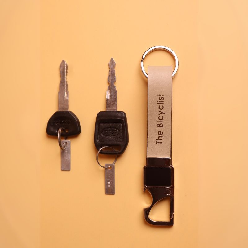 Handmade Keychain-White Full grain Bovine leather-chrome metal keychain strap-top view-The Bicyclist
