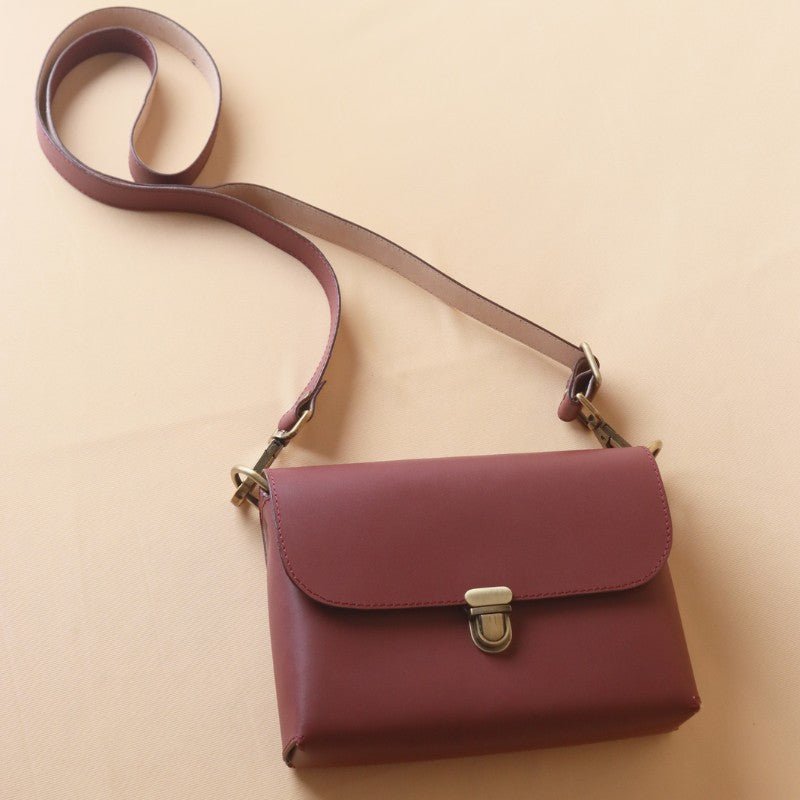 A Classic Crossbody Sling Bag for Women in Maroon Sophie Bicyclist Handmade Leather Goods