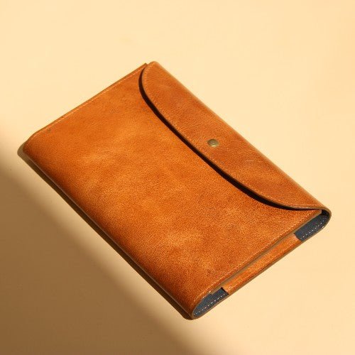 Minimal Handmade A5 Note Book Cover in genuine classic tan leather a perfect birthday and anniversary gift- The Bicyclist