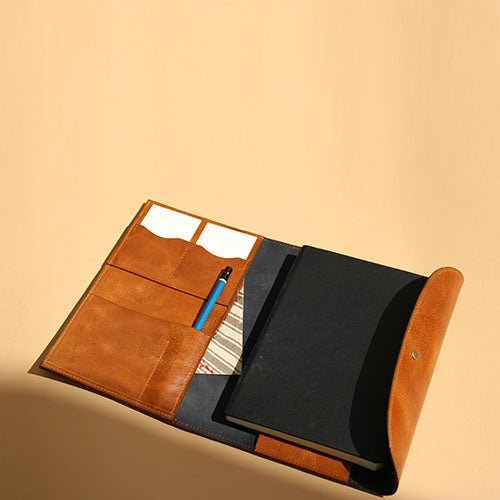 Minimal Handmade A5 Note Book Cover in genuine classic tan leather a perfect birthday and anniversary gift- The Bicyclist