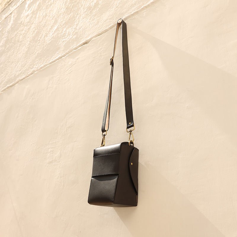 Shoulder Crossbody Black premium full grain Leather Box Pouch Bag Minimal Vintage style Handmade Esmerelda - The Bicyclist