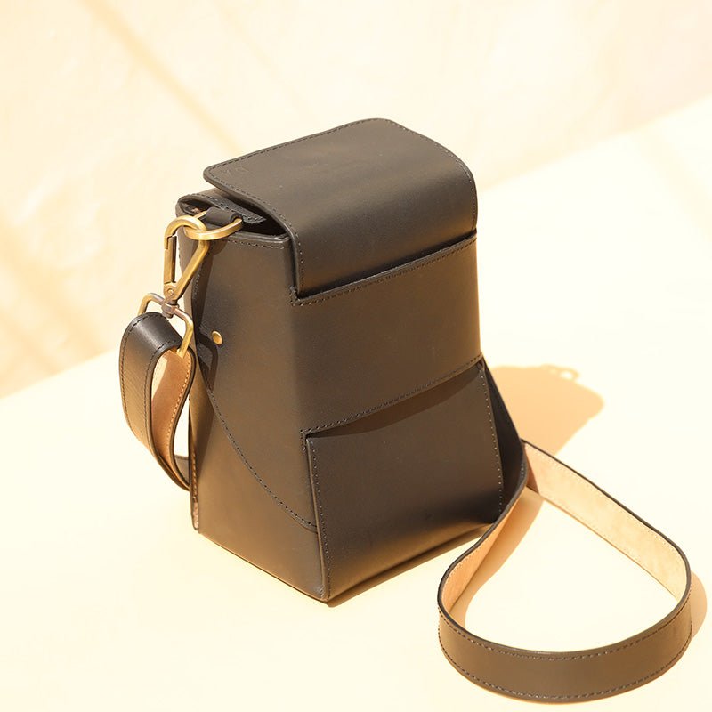Shoulder Crossbody Black premium full grain Leather Box Pouch Bag Minimal Vintage style Handmade Esmerelda - The Bicyclist