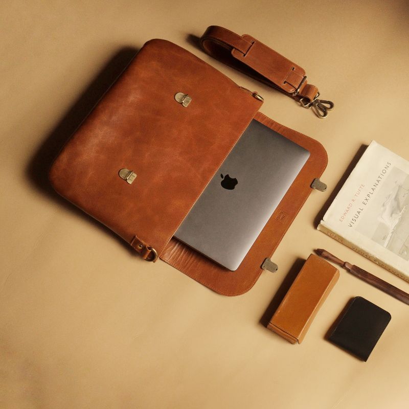 Womens Minimal Genuine handmade slim pure leather 14 inch crossbody laptop work bag in tan brown with a sling - The Bicyclist