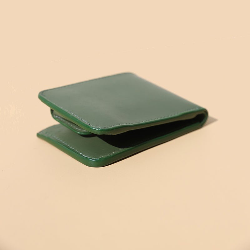 Womens minimal branded handmade slim customizable green bifold genuine pure leather wallet with coin pouch - The Bicyclist