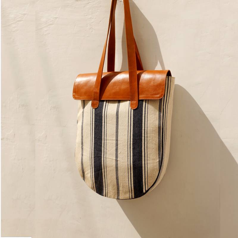 Stripe Canvas and Tan Leather Shoulder Tote Bag: Zaira – Bicyclist
