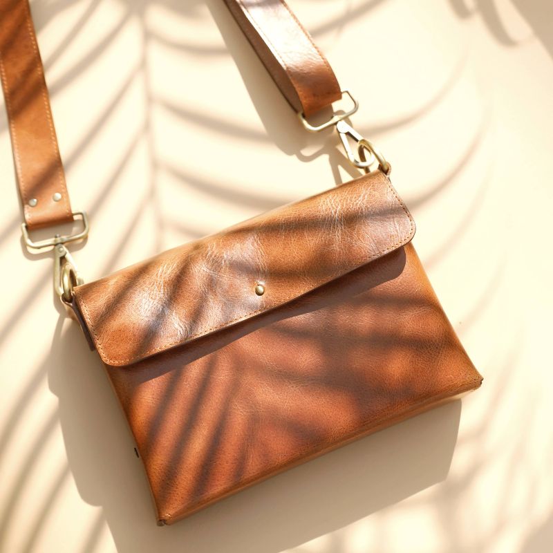 Tan Brown Crossbody Shoulder Unisex Sling Bag: Zoe - Bicyclist: Handmade Leather Goods Leather Goods bicyclistshop