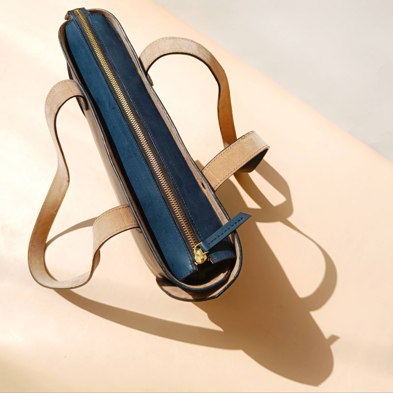 Luxury genuine handmade Blue leather Womens office work tote customized handbag with zipper for ladies - The Bicyclist