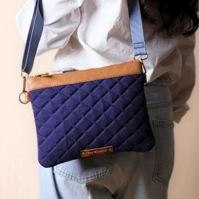 Deep Blue quilted canvas bag with tan leather top