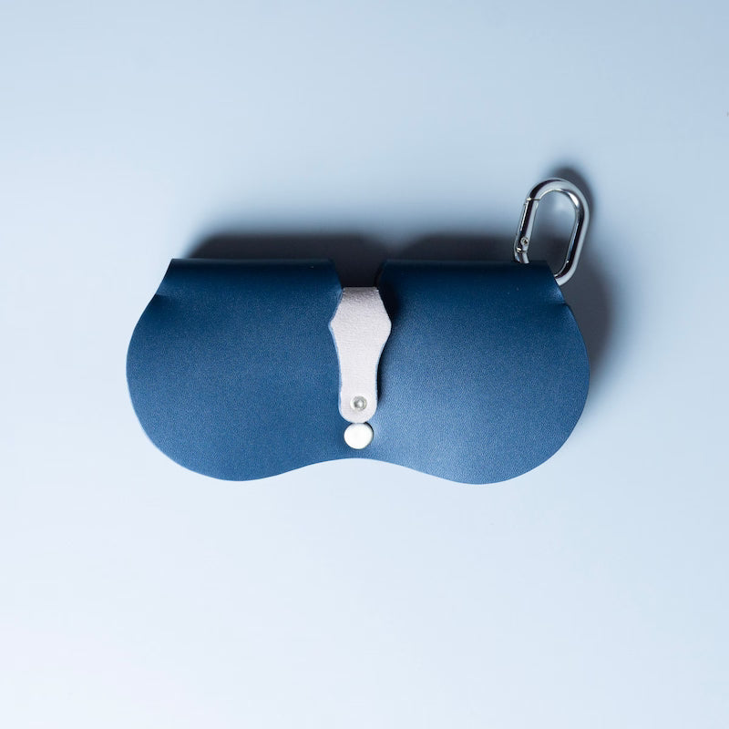 Navy Blue Leather Eyeglass Case & Sunglasses Cover Pouch with Neck Strap and Bag Clip
