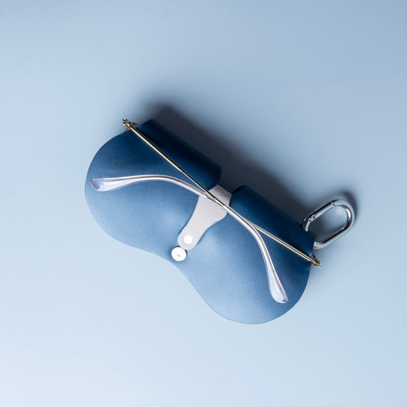 Navy Blue Leather Eyeglass Case & Sunglasses Cover Pouch with Neck Strap and Bag Clip