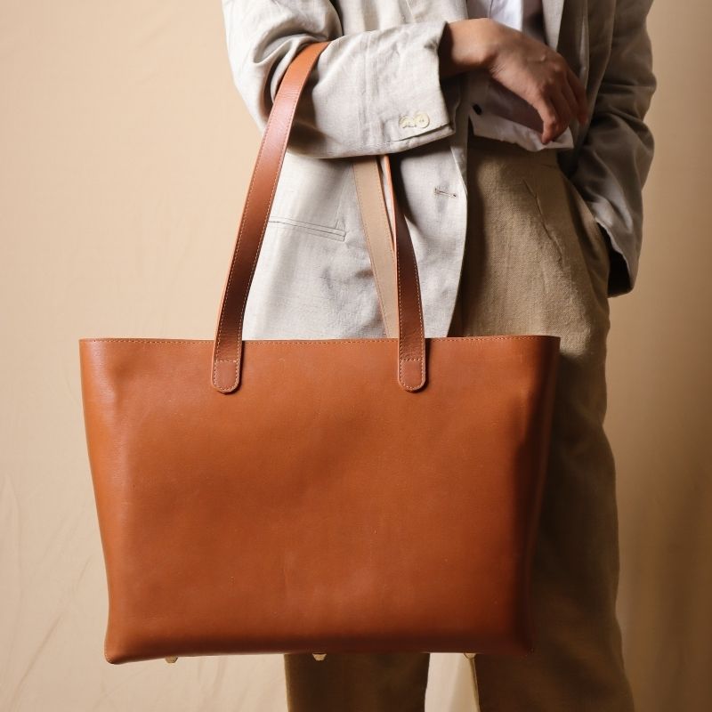 Work Tote in Classic Tan with Zipped Closure: Lilly