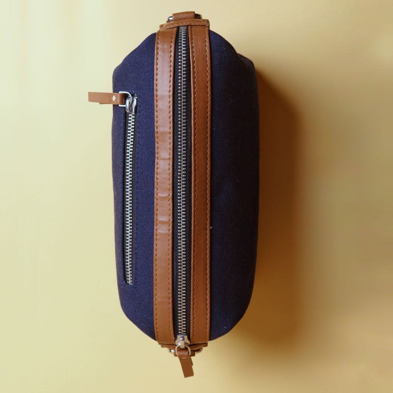 Canvas and Leather Dopp Kit Pouch Sling Bag-Deep Blue Canvas body and tan leather trims-gold plated metal hook and zipper-top-The Bicyclist