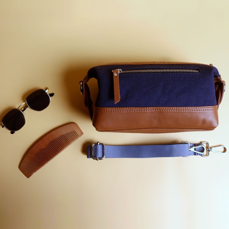Canvas and Leather Dopp Kit Pouch Sling Bag-Deep Blue Canvas body and tan leather trims-gold plated metal hook and zipper-back-The Bicyclist
