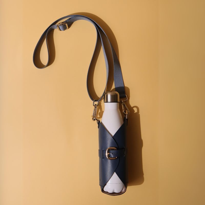 Leather Bottle Holder Sling Carrier-deep blue leather straps-gold plated metal hook-front top-The Bicyclist