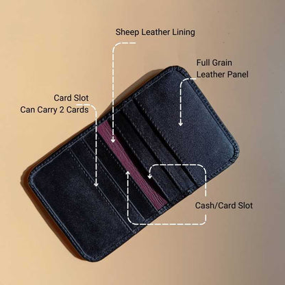 Flat Open mage of a Compact Bifold Card Wallet in Black with labeled parts