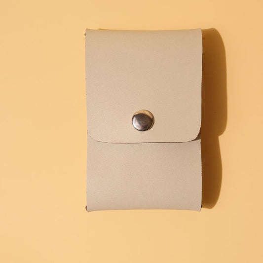 Off-White Leather Card Holder Case with a Silver Metal Snap Button