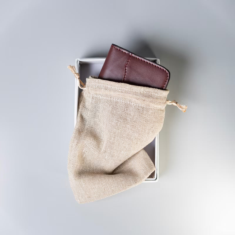 Maroon Full Grain leather wallet half inserted into a beige drawstring pouch in a white cardboard gift box on a grey backdrop