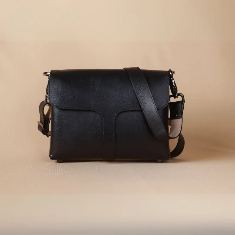 Front view of Black Leather Crossbody Sling Bag with Flap