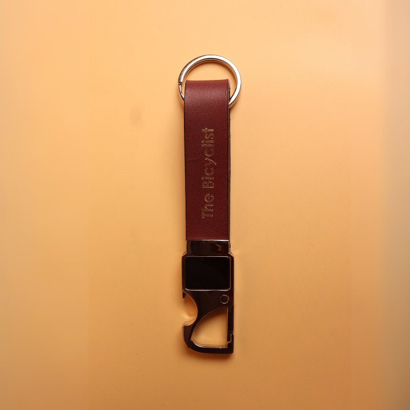 Deep Red Leather Loop Keychain with a Metal spring Hook in electroplated chrome finish top view