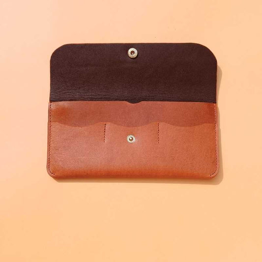 Open Flap View of leather Long Wallet for women in tan