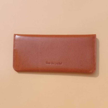 Back view of leather long wallet for women in tan