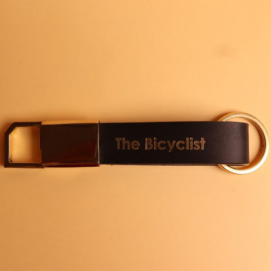 Handmade Keychain-Black Full grain Bovine leather-chrome metal keychain strap-front view-The Bicyclist