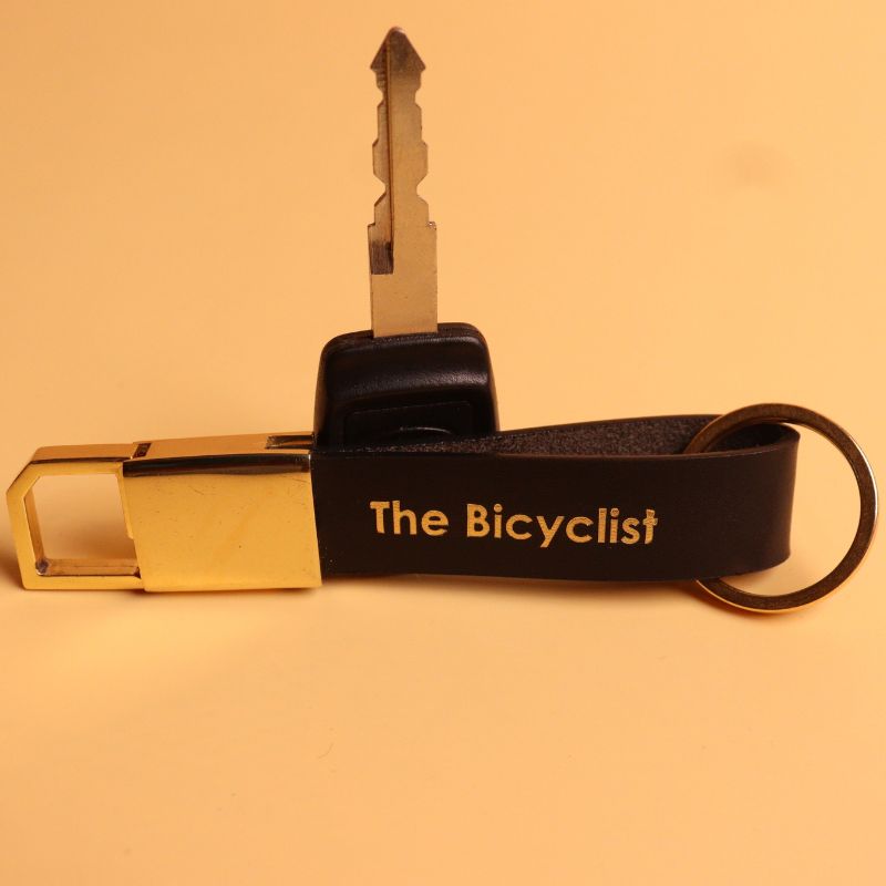 Handmade Keychain-Black Full grain Bovine leather-chrome metal keychain strap-flat view-The Bicyclist