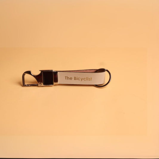 Handmade Keychain-White Full grain Bovine leather-chrome metal keychain strap-front view-The Bicyclist