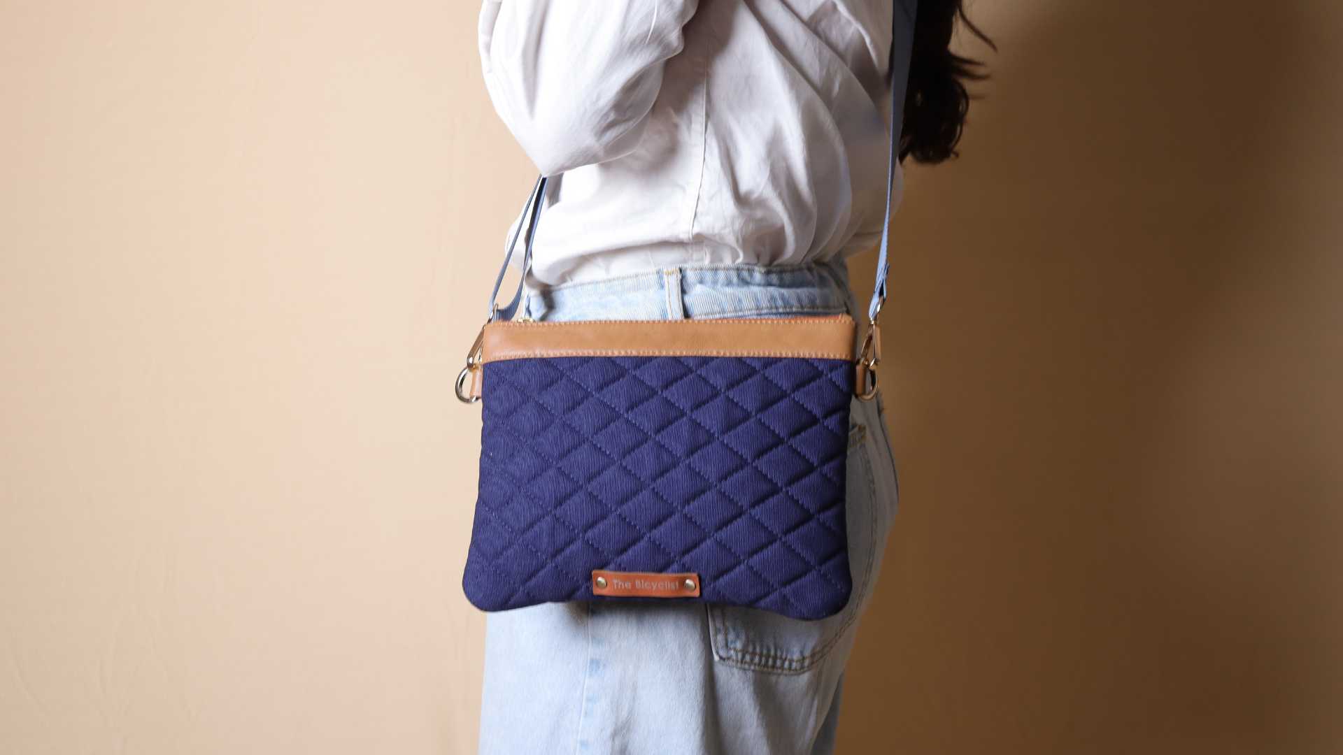 Deep Blue Quilted Canvas & Tan Leather Pouch Sling with Zip